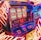 A vibrant scene featuring a classic slot machine with bright neon lights surrounding it. The slot machine displays symbols like 'Bar' and '7' and is set in a lively arcade environment. Reflections and colorful lighting add a sense of excitement and motion.